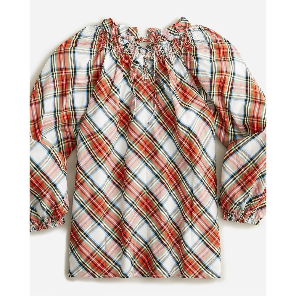 J.Crew Smocked Neck Cotton Poplin Top Women's M Red Stewart Tartan Plaid Blouse